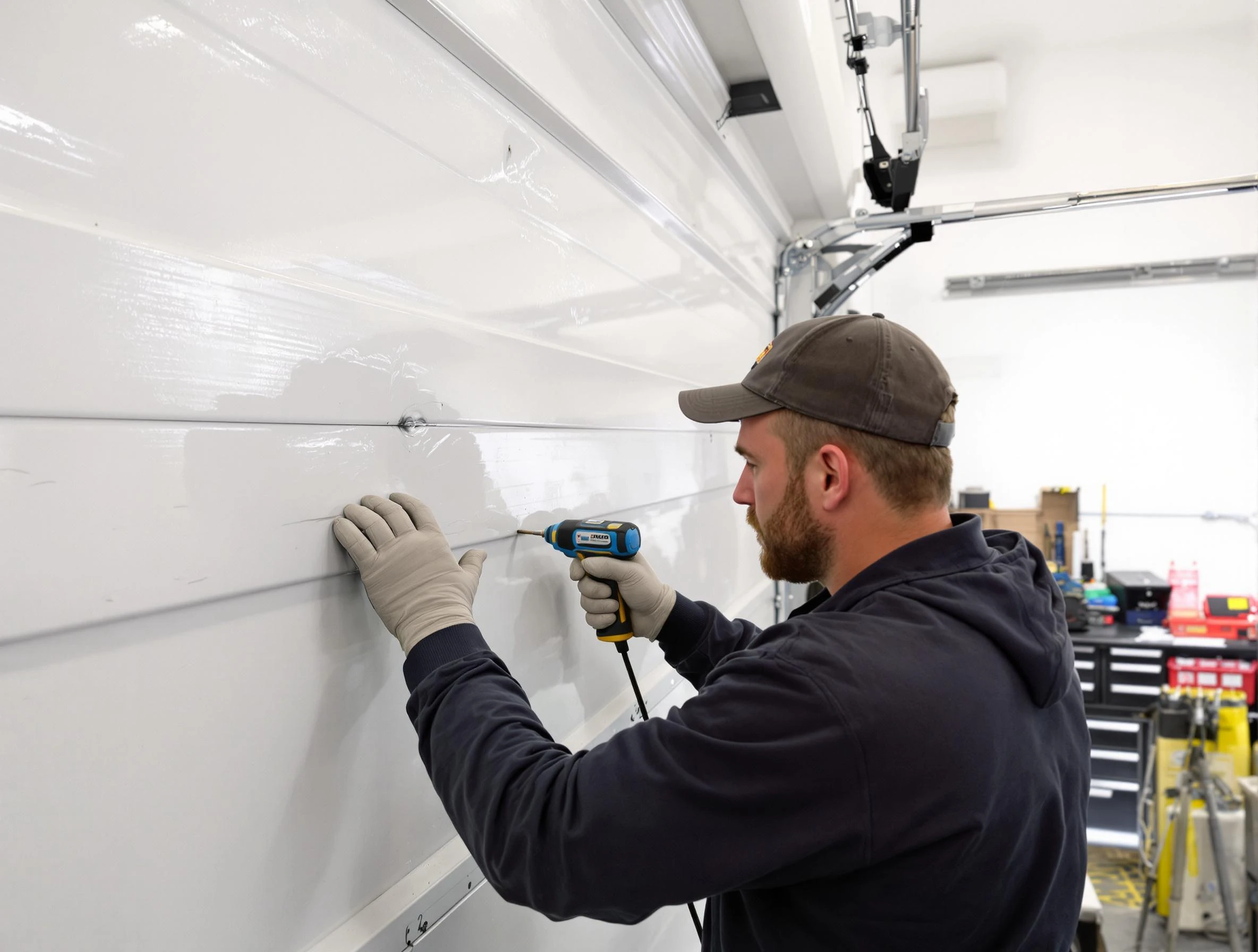 Wilmette Garage Door Repair technician demonstrating precision dent removal techniques on a Wilmette garage door